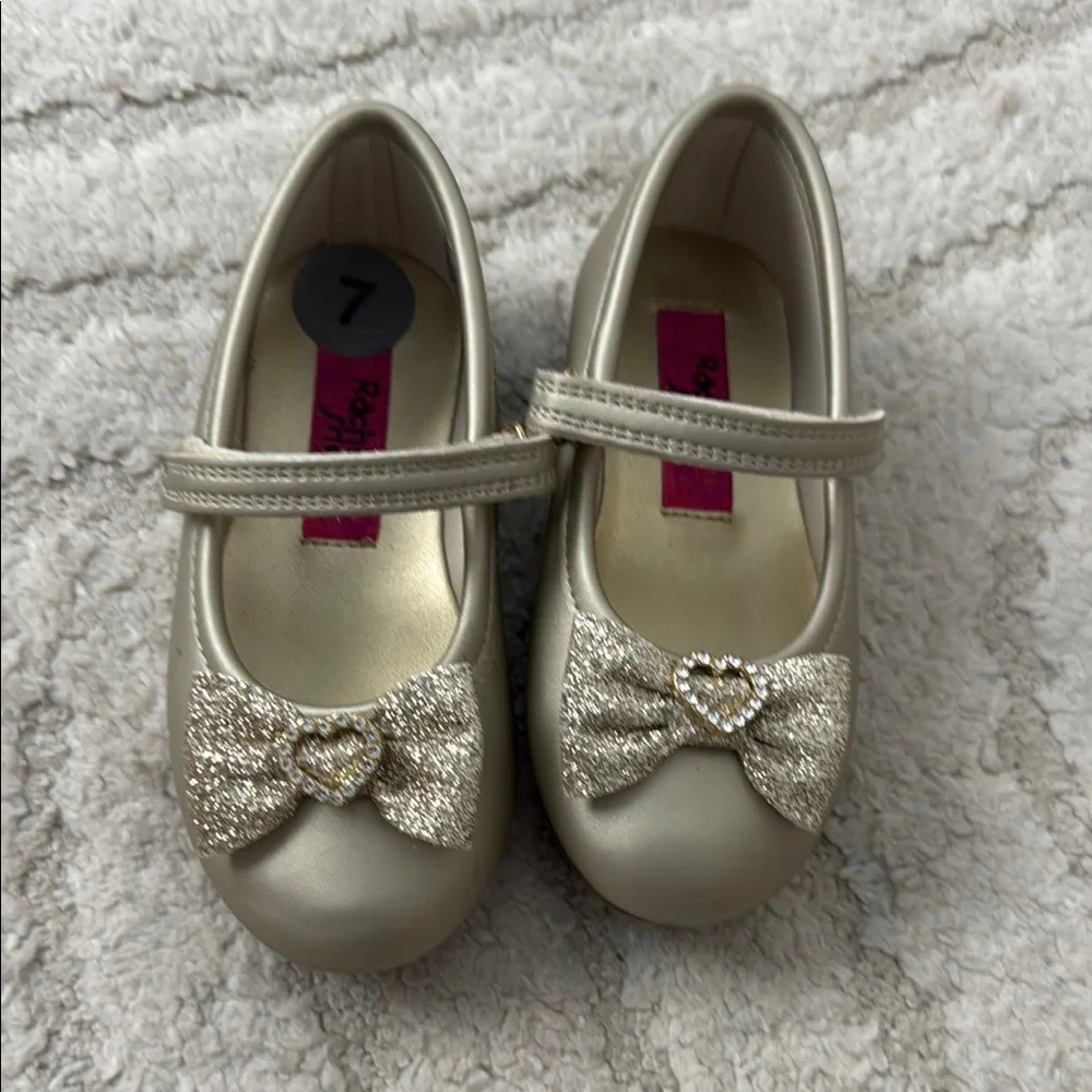 Girls Metallic Gold Mary Jane Shoes with Glitter Bow